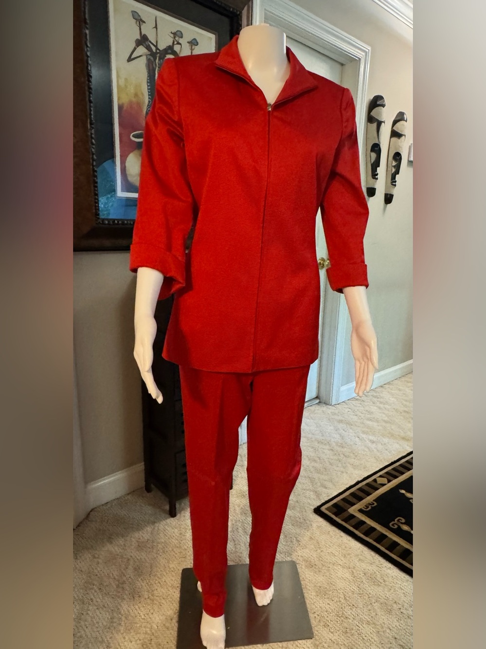 Tailored Red Women's Two-Piece Pant Set with Zip Jacket